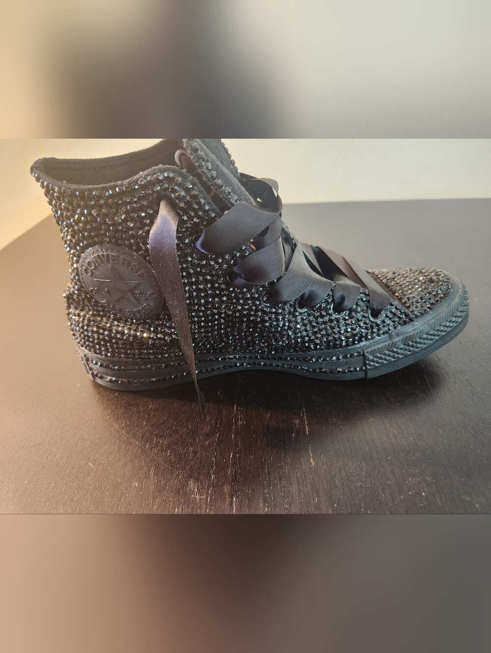 Converse Women’s Black Crystal-Embellished Satin Ribbon Sneakers. W-8 M-6. - Picture 2 of 16